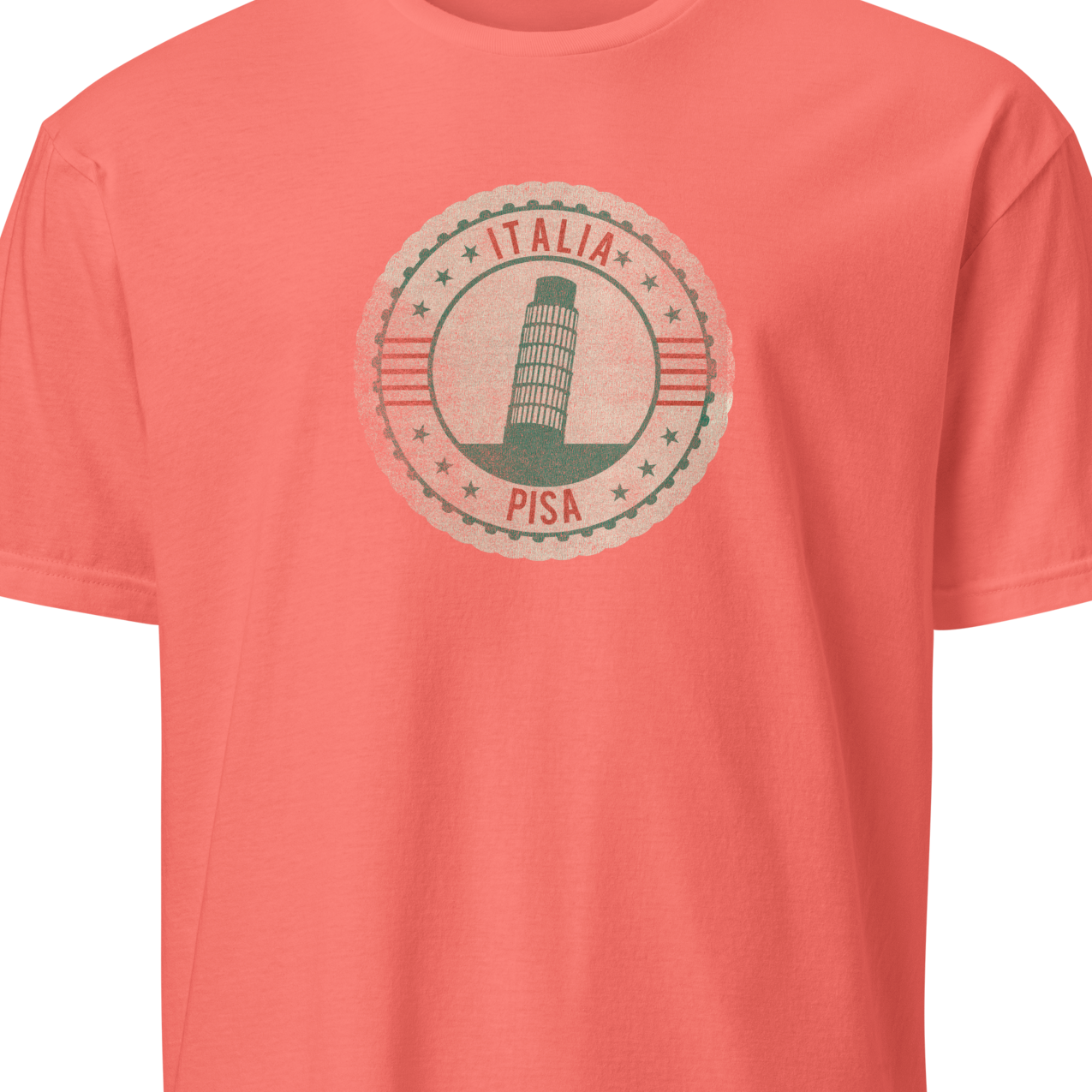 Coral t-shirt with Pisa tower graphic 