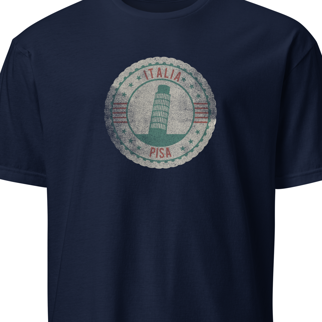 Navy blue t-shirt with a circular design featuring the Leaning Tower of Pisa 