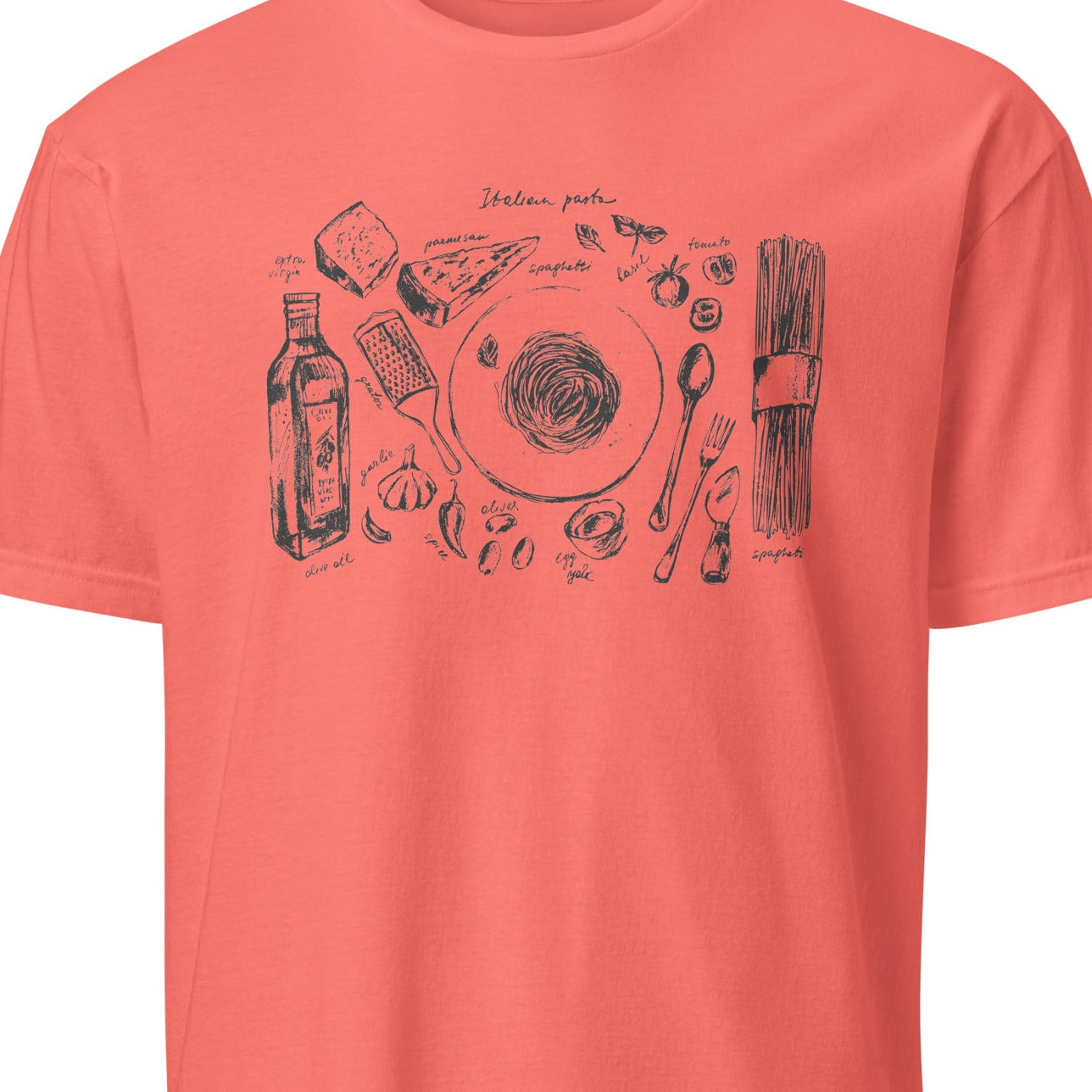 Coral t-shirt with black graphic design 
