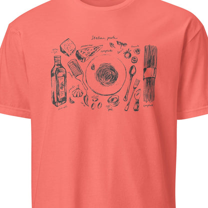 Coral t-shirt with black graphic design 
