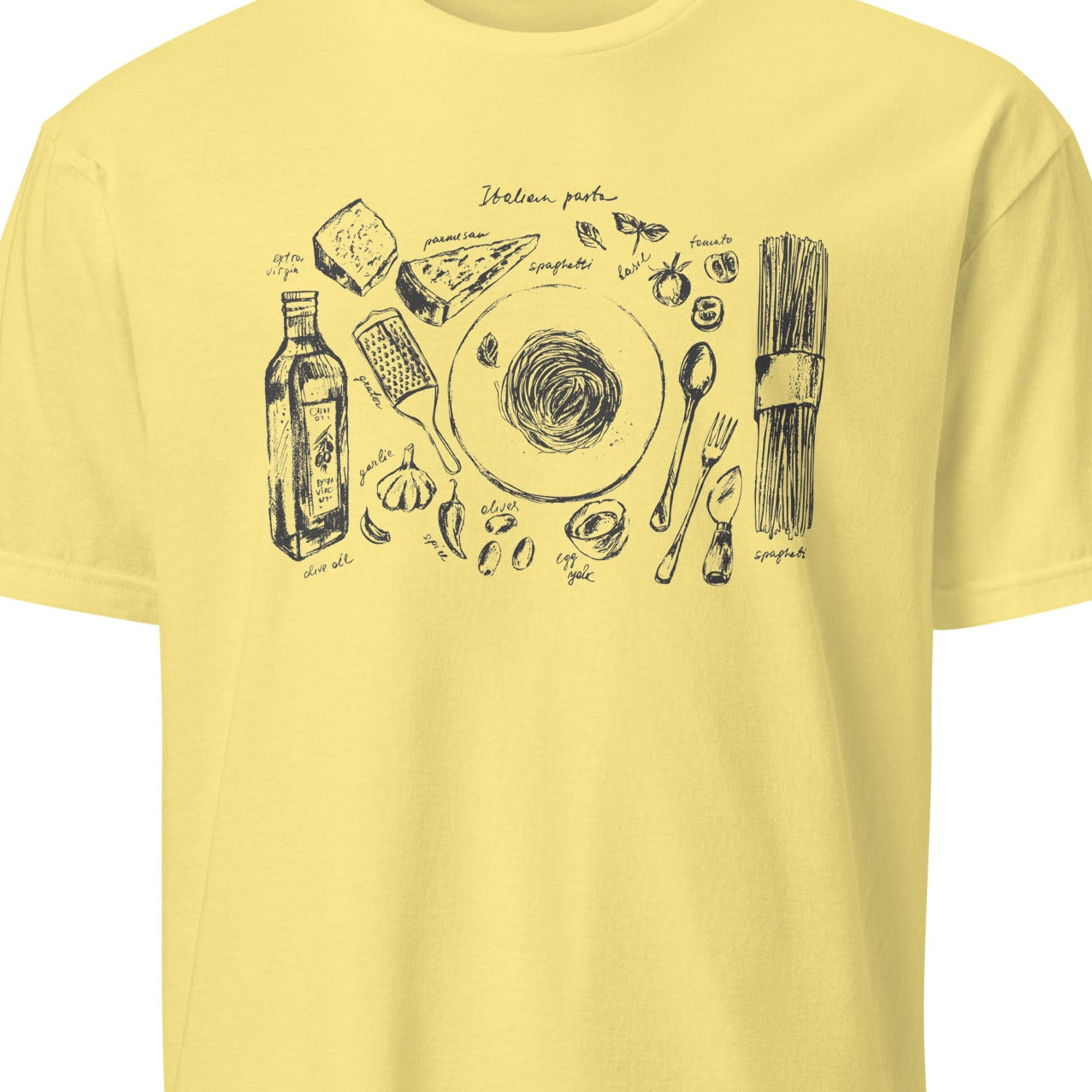 Yellow t-shirt with black graphic design 