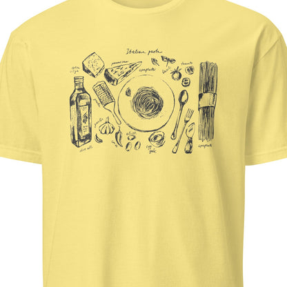 Yellow t-shirt with black graphic design 