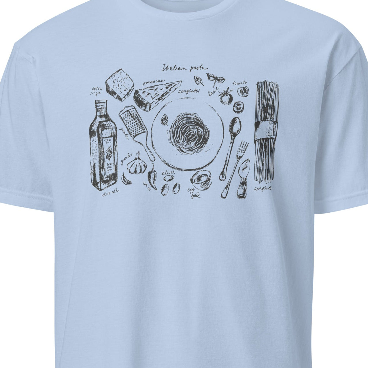 Light blue t-shirt with black graphic design 