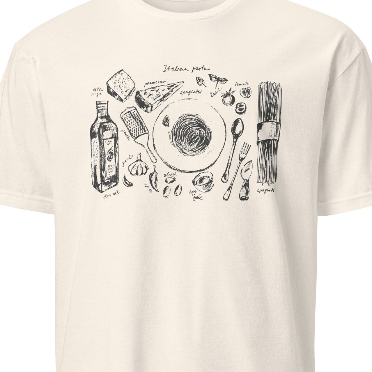 White t-shirt with black food-themed graphic