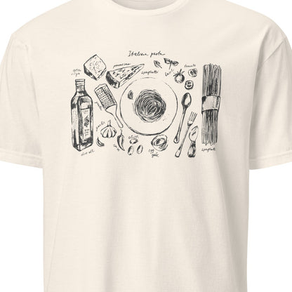 White t-shirt with black food-themed graphic