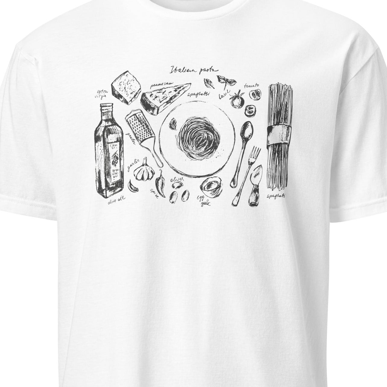 White t-shirt with black graphic design 