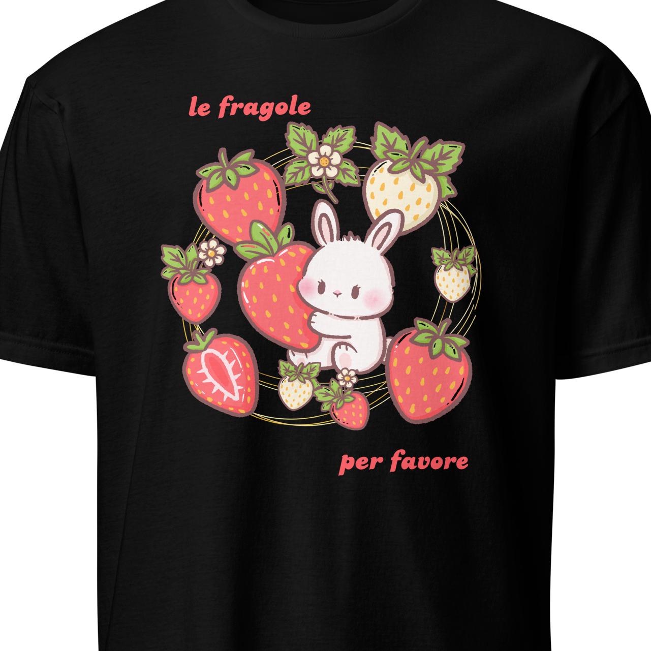 Black t-shirt with a cute illustration of a bunny surrounded by strawberries 