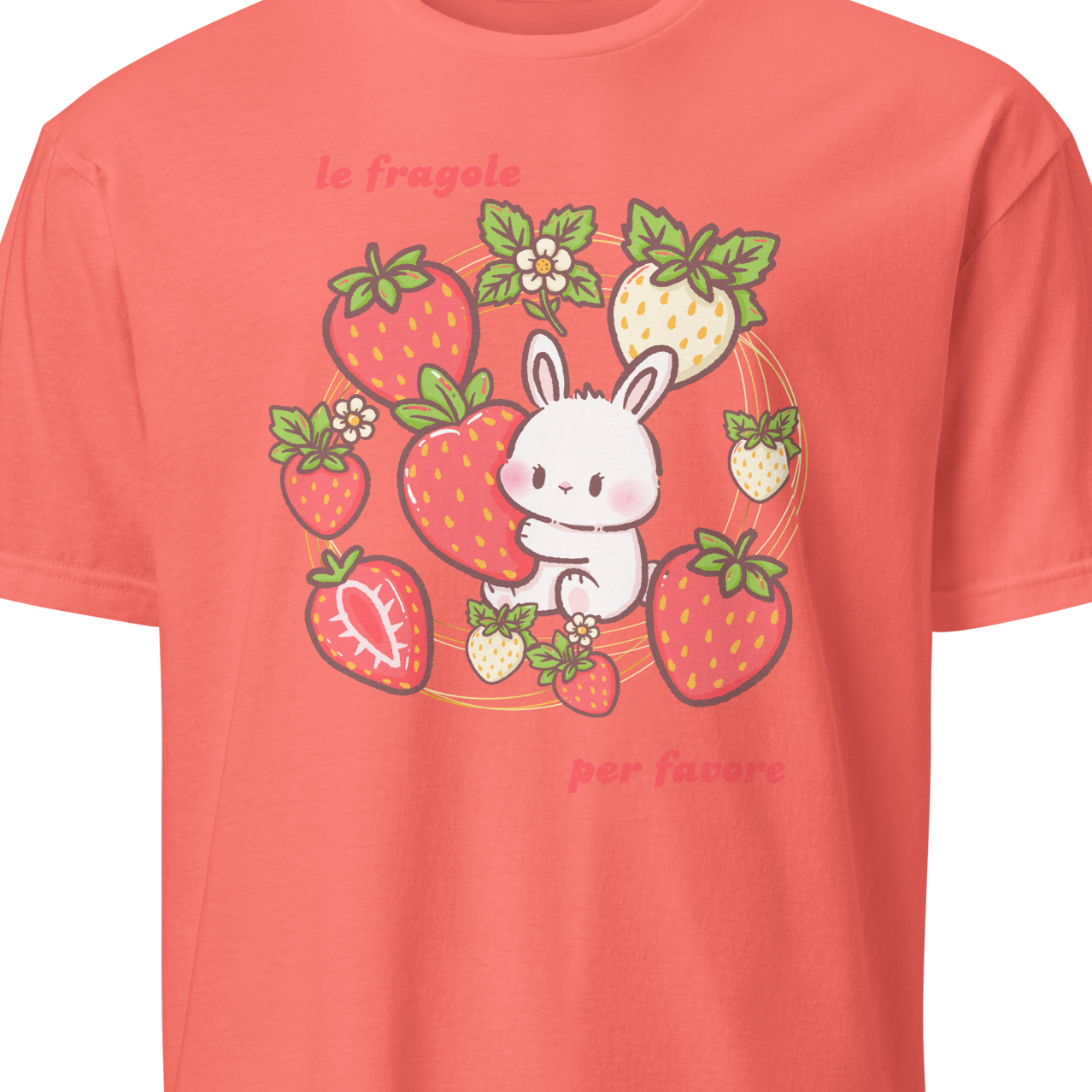 Coral t-shirt with a cute bunny and strawberry design