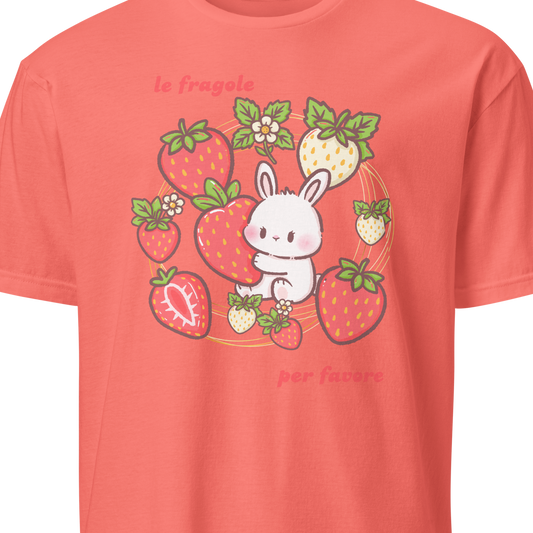 Coral t-shirt with a cute bunny and strawberry design