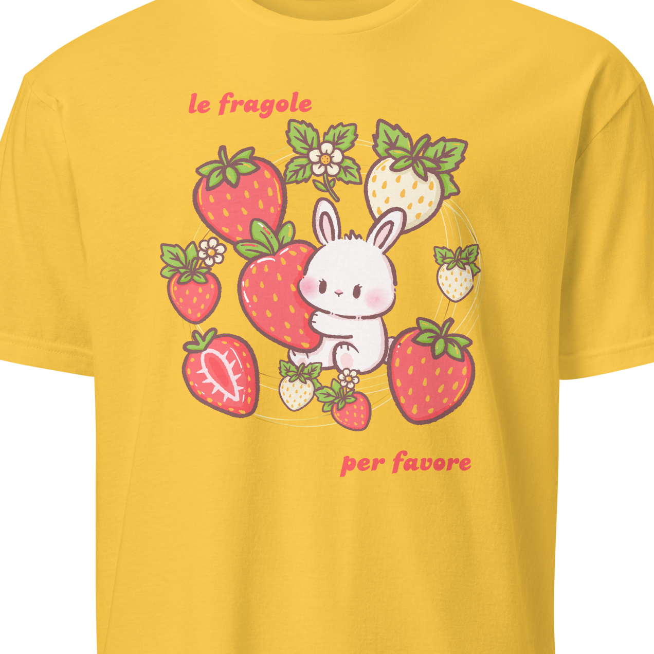 Yellow t-shirt with a cartoon bunny and strawberry design 