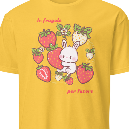 Yellow t-shirt with a cartoon bunny and strawberry design 