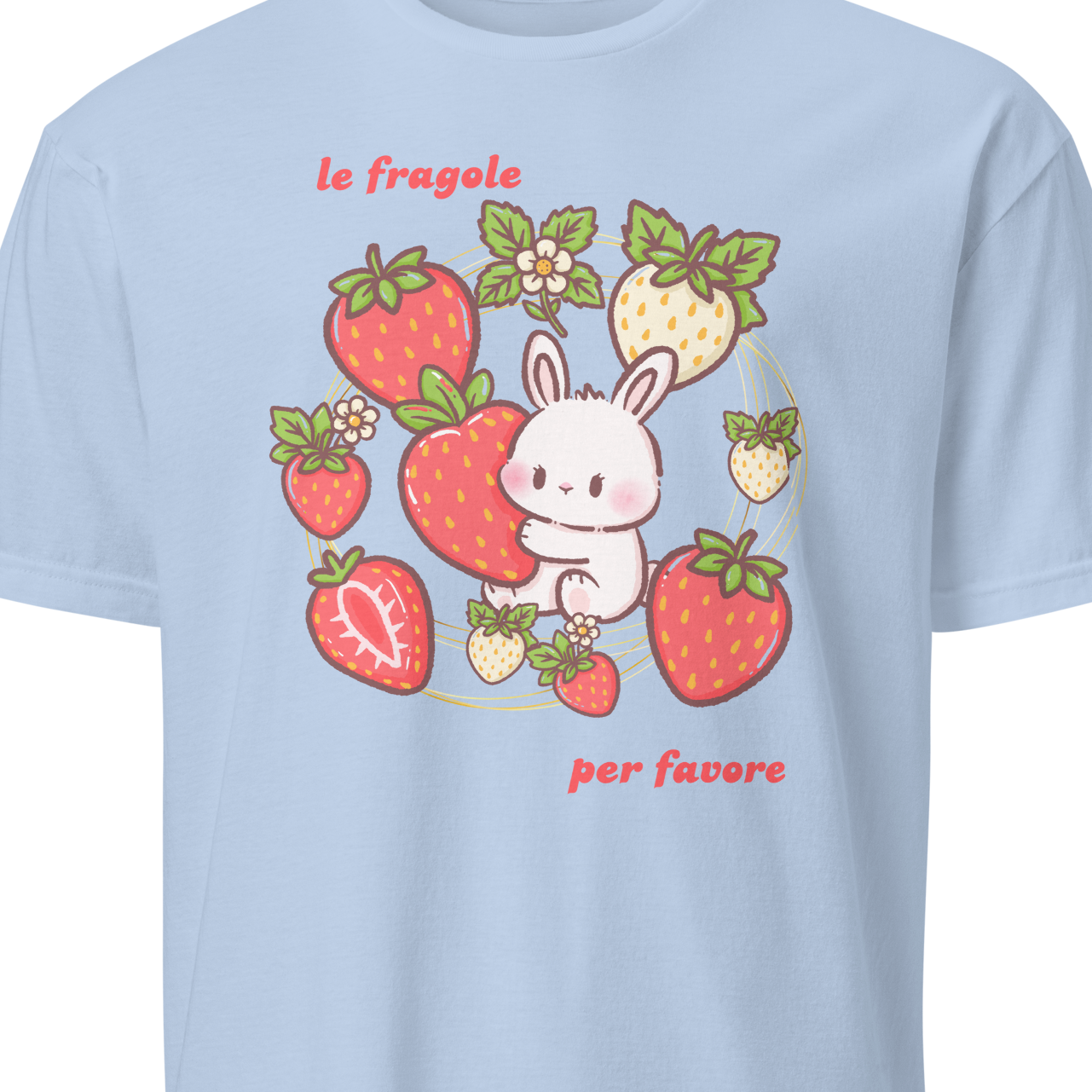 Light blue t-shirt with a cartoon bunny and strawberry design 