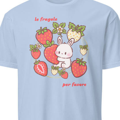 Light blue t-shirt with a cartoon bunny and strawberry design 