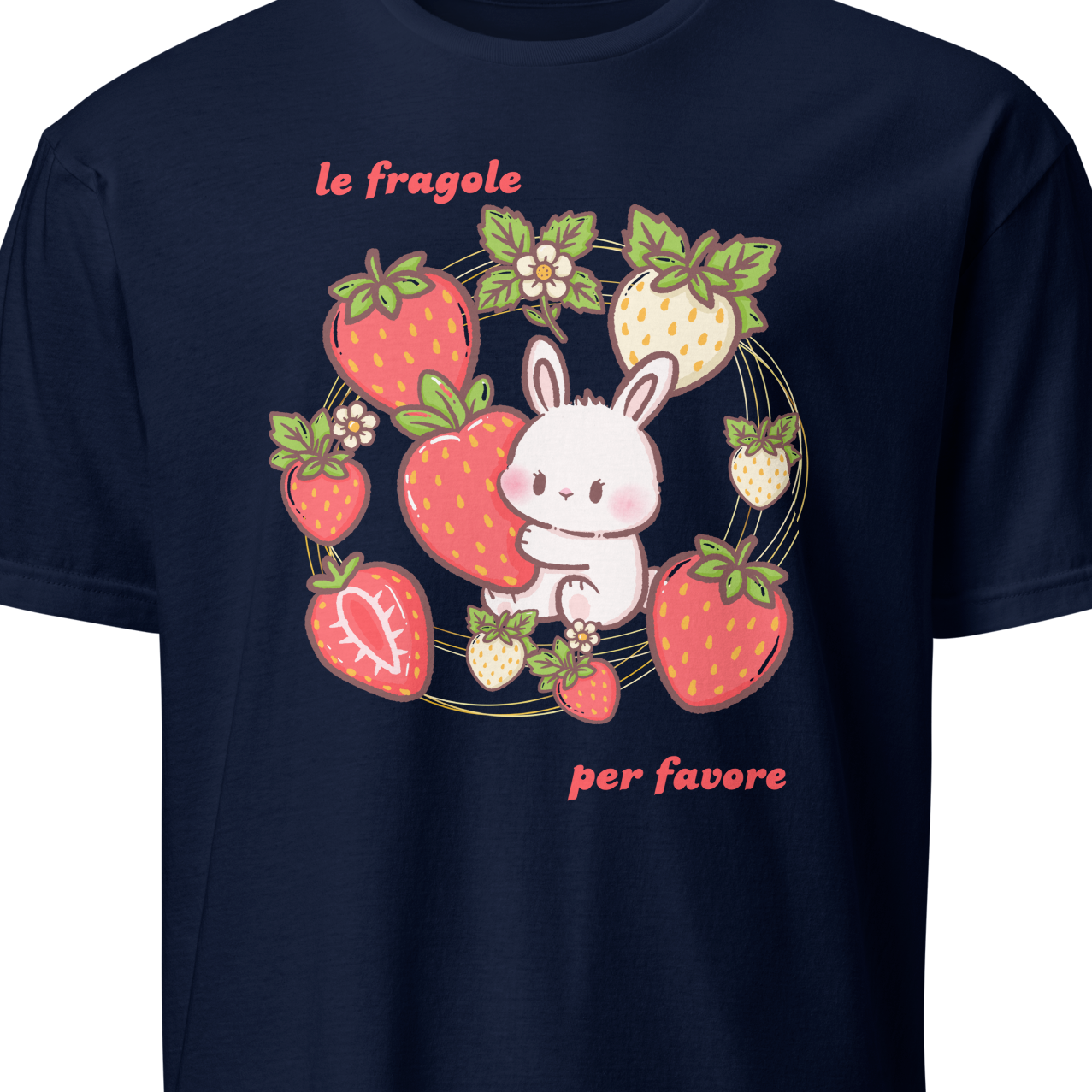 Navy blue t-shirt with a cute bunny and strawberry design 