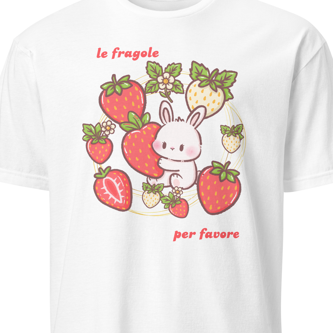 White t-shirt with a cartoon bunny and strawberry design 
