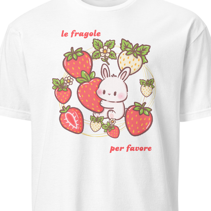 White t-shirt with a cartoon bunny and strawberry design 