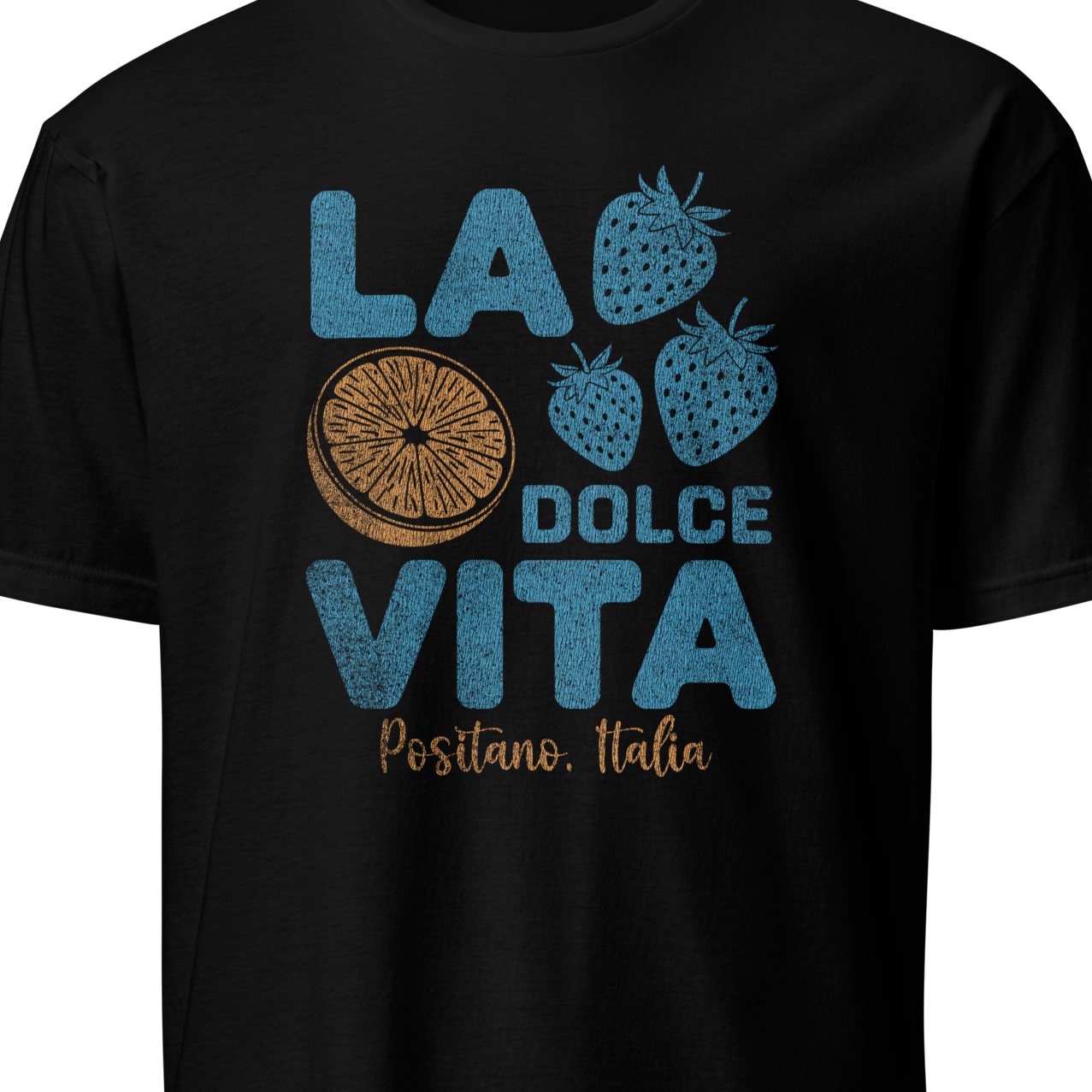 Black t-shirt with 'La Dolce Vita' design featuring strawberries and a sun