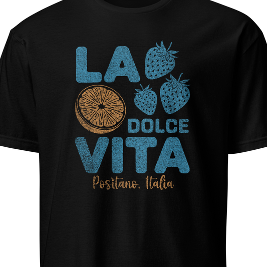 Black t-shirt with 'La Dolce Vita' design featuring strawberries and a sun