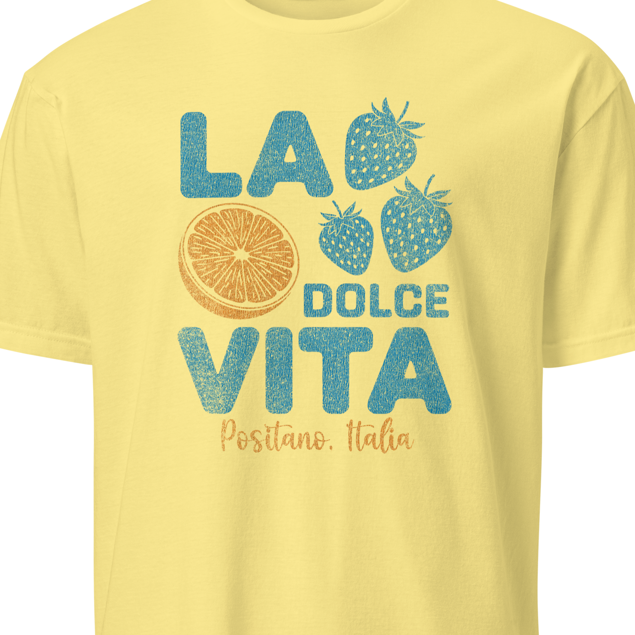 Yellow t-shirt with 'La Dolce Vita' text and fruit graphics 