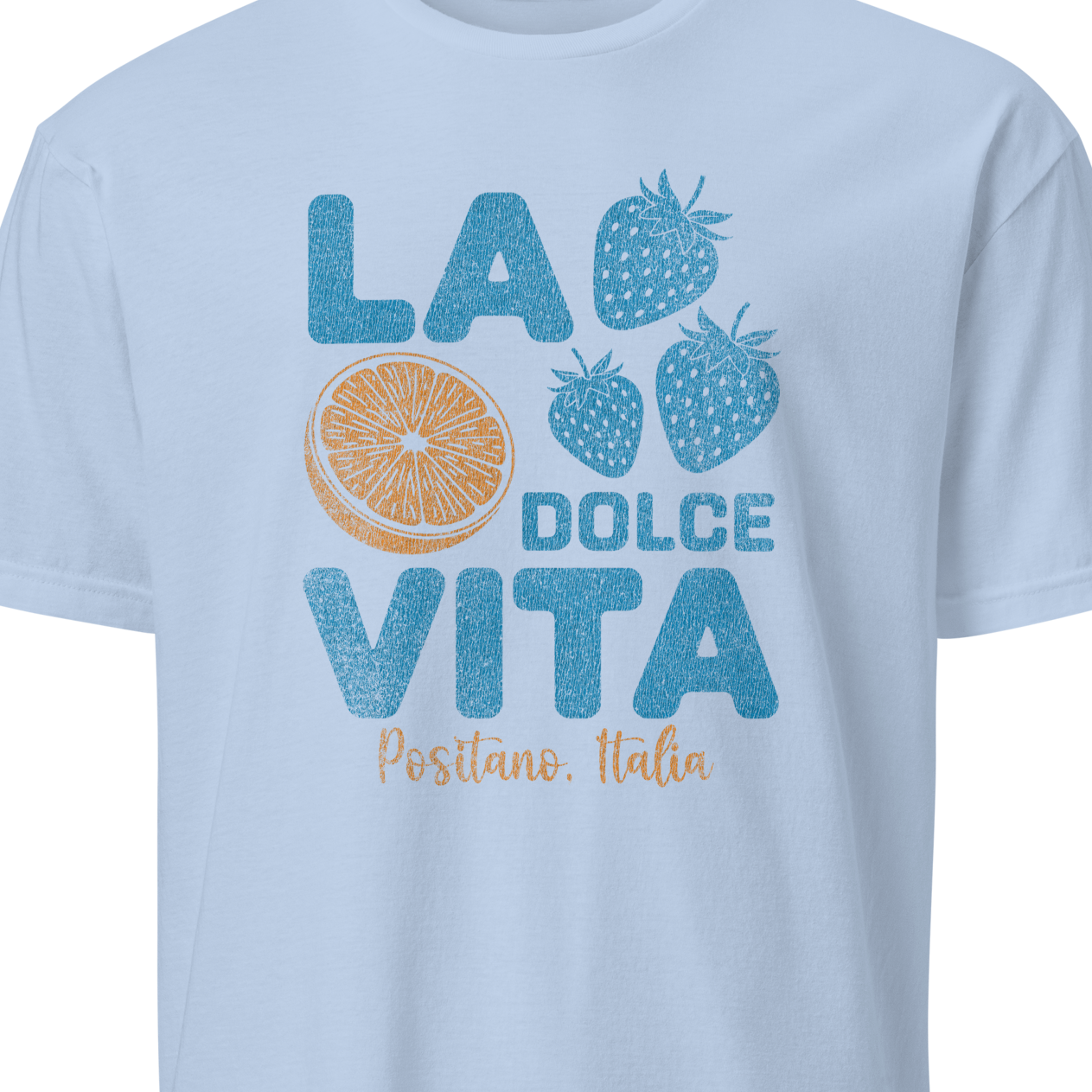 Light blue t-shirt with 'La Dolce Vita' text and fruit graphics 