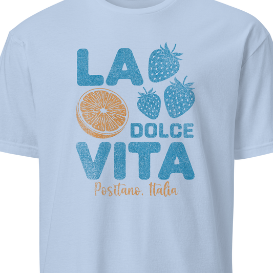 Light blue t-shirt with 'La Dolce Vita' text and fruit graphics 