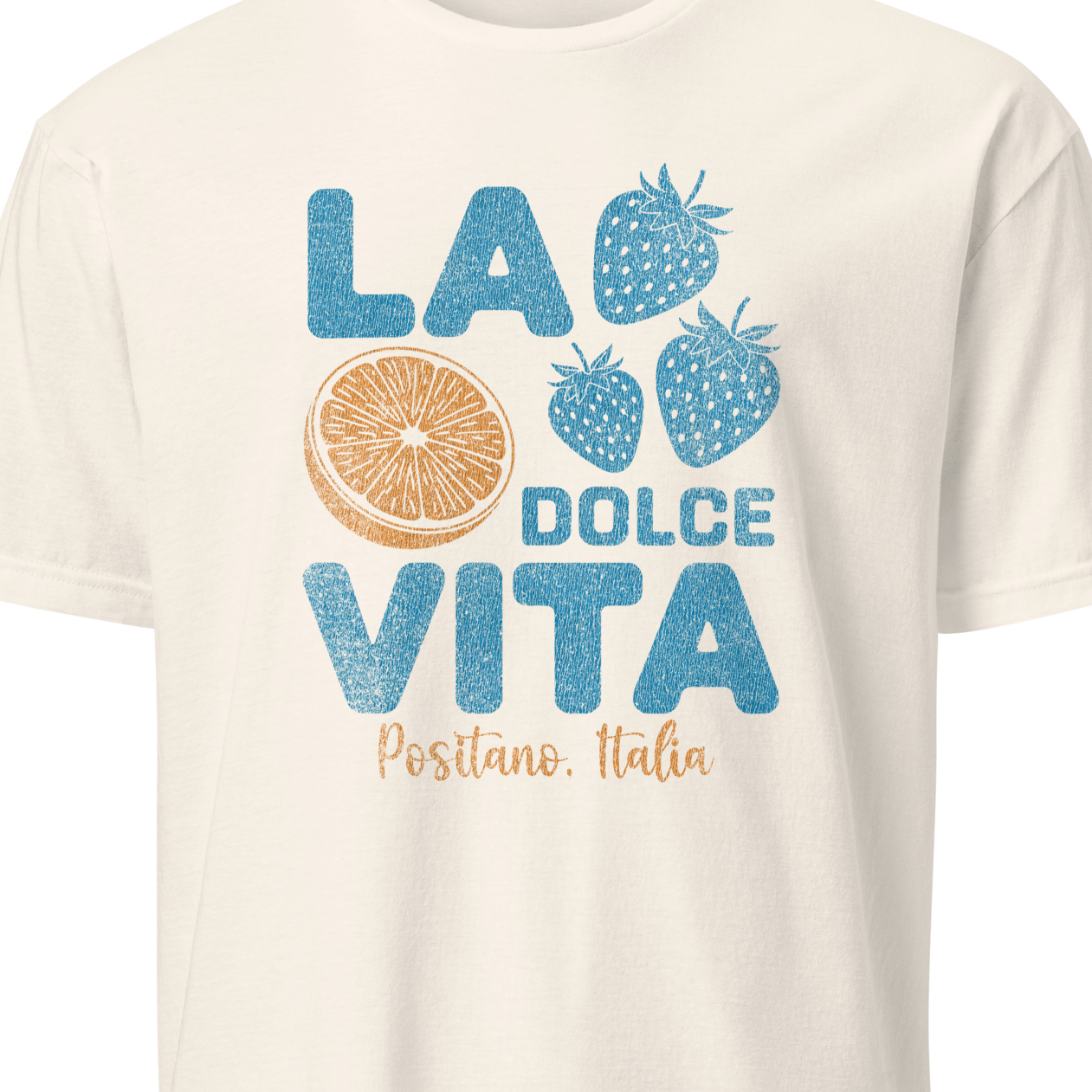 Beige t-shirt with 'La Dolce Vita' text and fruit graphics 