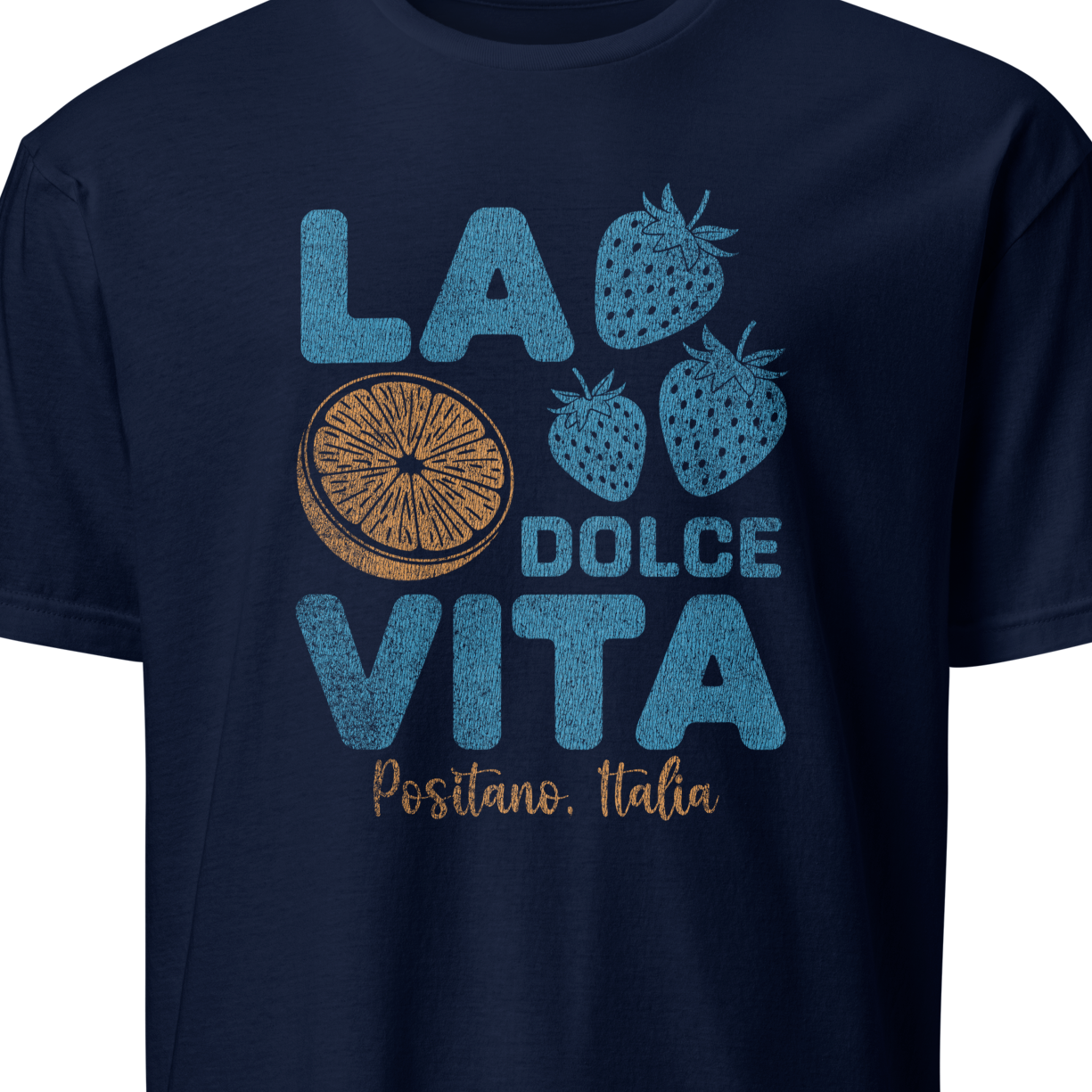 Navy blue t-shirt with 'La Dolce Vita' graphic design
