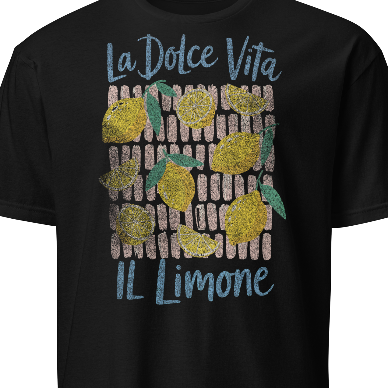 Black t-shirt with lemon design and text 