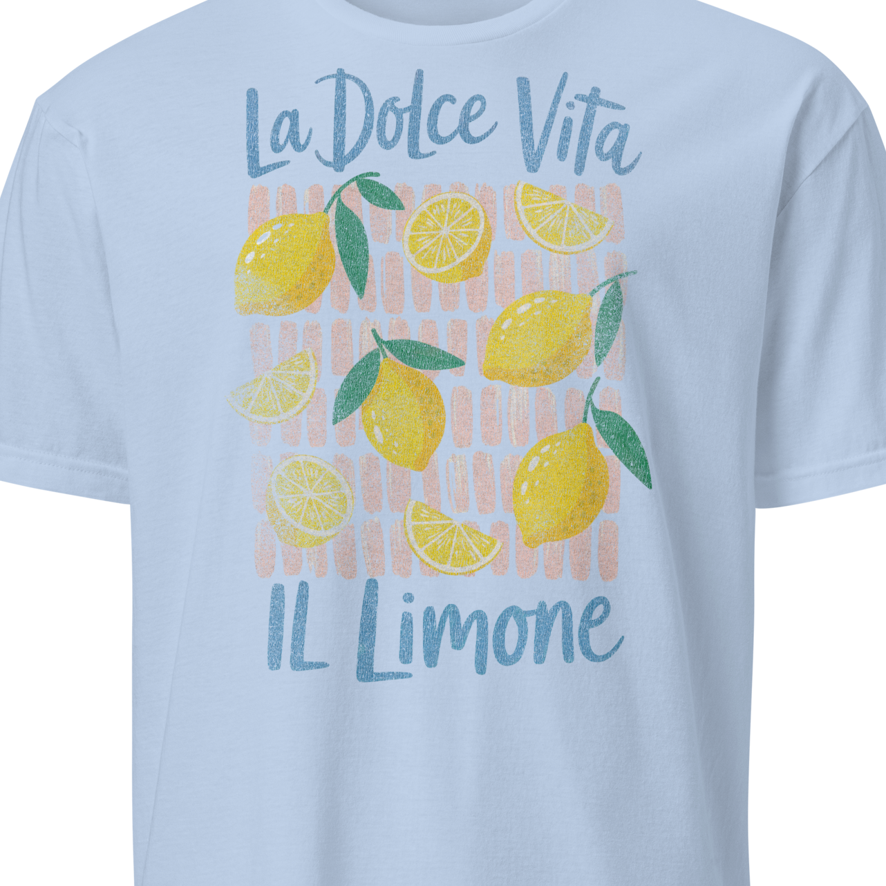 Light blue t-shirt with lemon design and text
