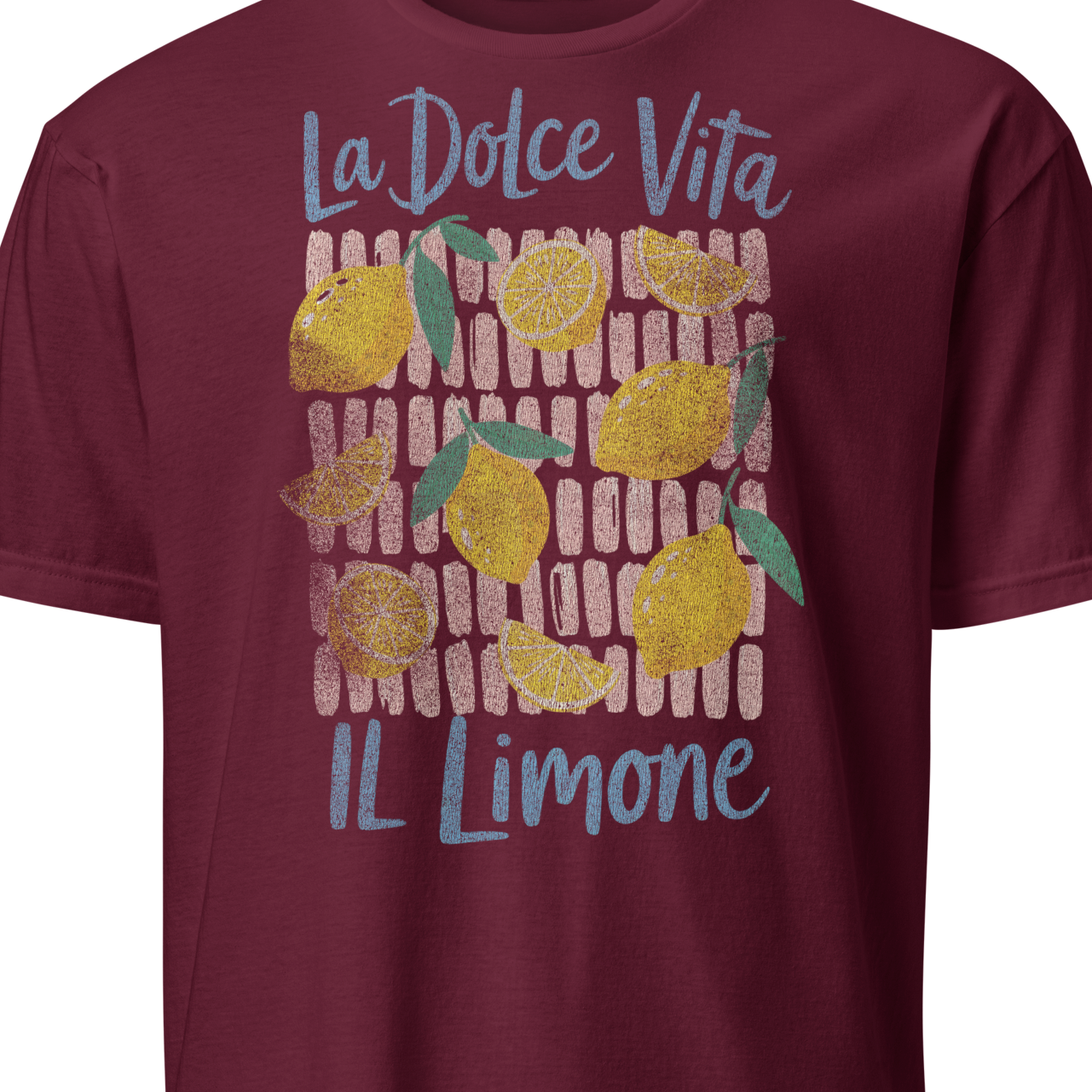 Maroon t-shirt with lemon design and text