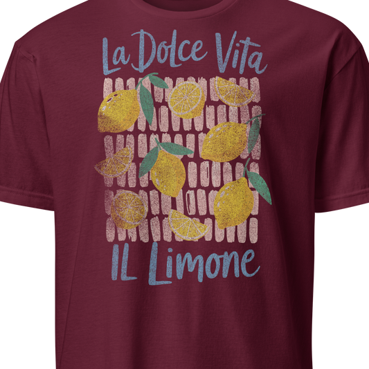 Maroon t-shirt with lemon design and text