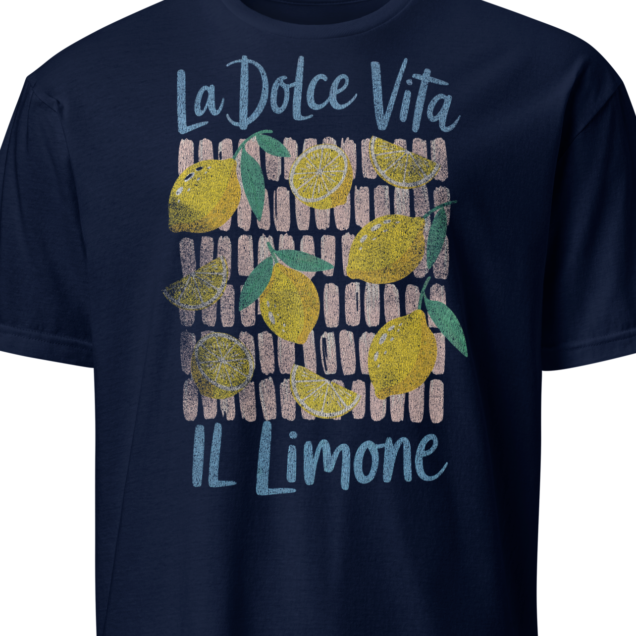 Navy blue t-shirt with lemon design and text