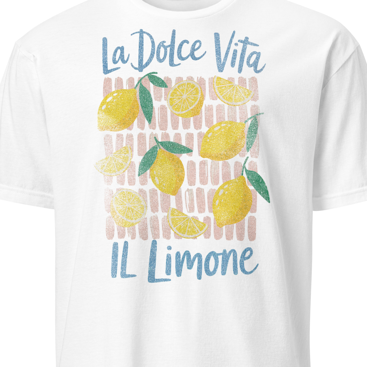 White t-shirt with lemon design and text 'La Dolce Vita IL Limone'