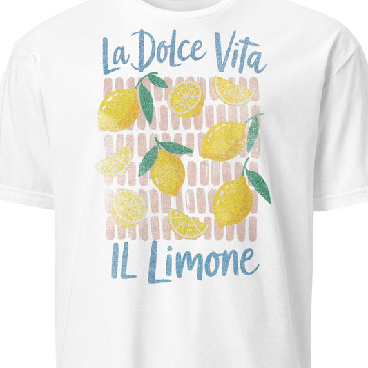 White t-shirt with lemon design and text 'La Dolce Vita IL Limone'