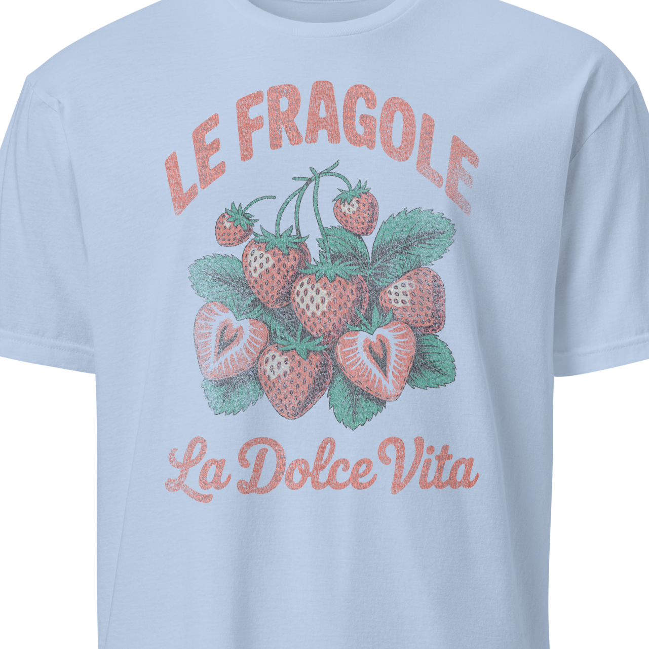 Light blue t-shirt with strawberry graphic and text 