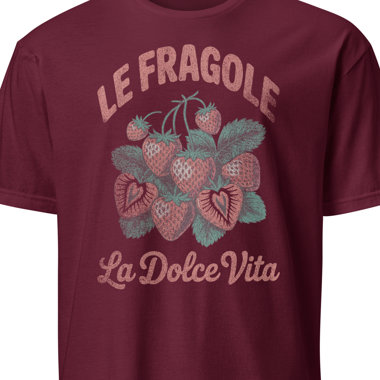 Maroon t-shirt with strawberry graphic and text
