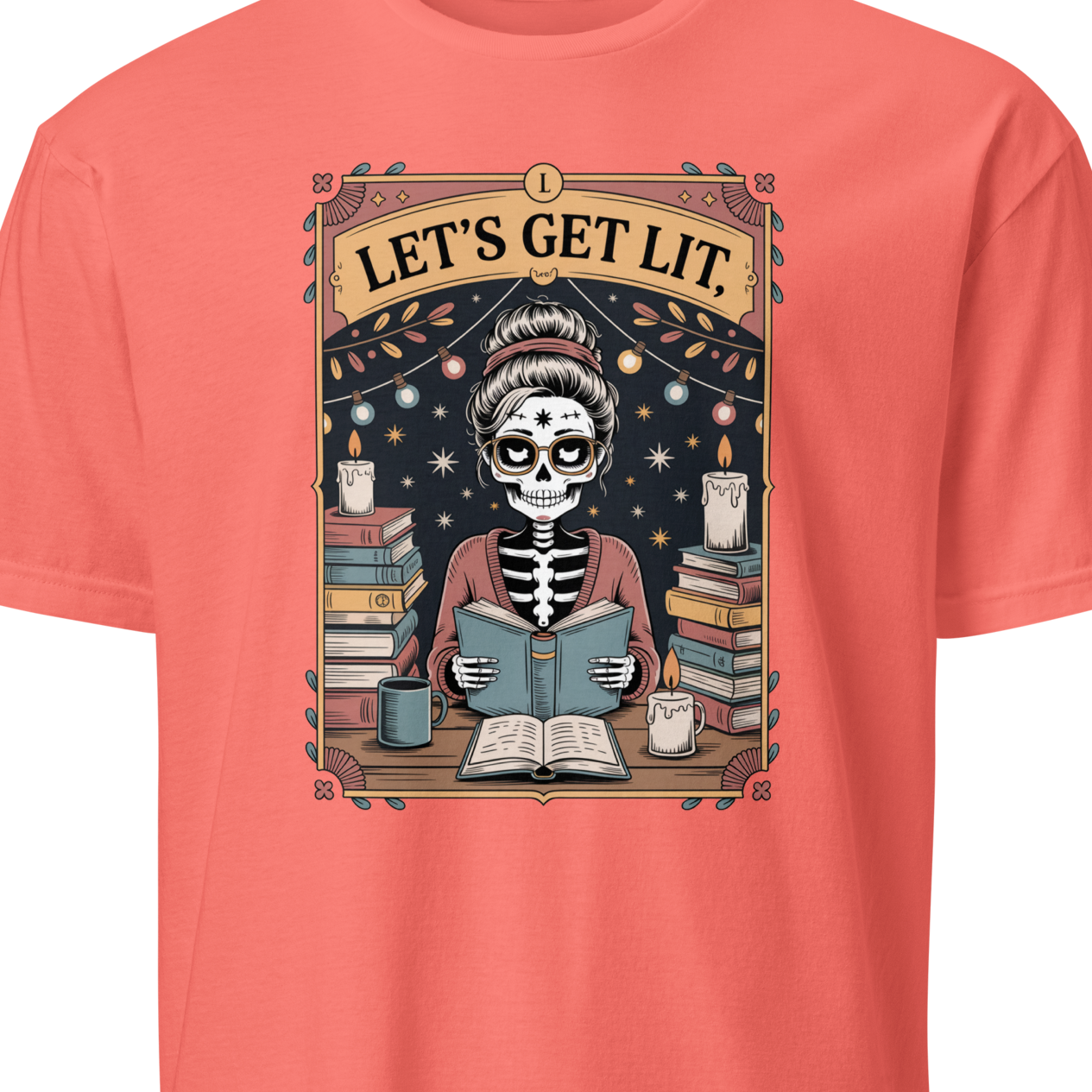 Coral t-shirt with a skeleton reading a book graphic and 'Let's Get Lit' text 