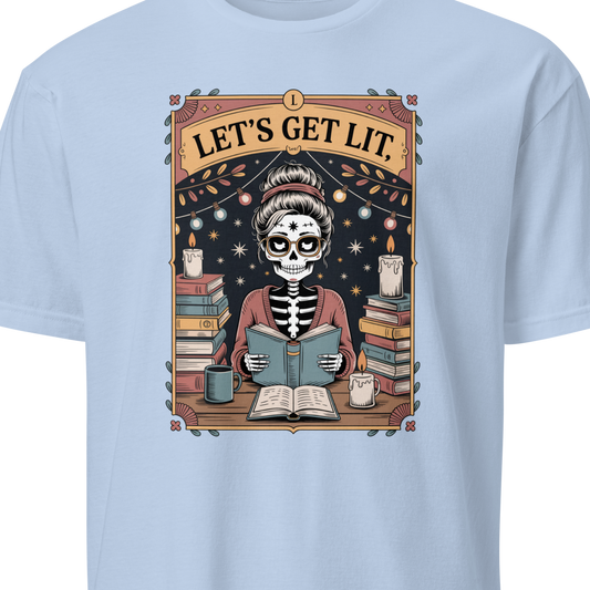 Light blue t-shirt with a skeleton reading a book graphic and 'Let's Get Lit' text 
