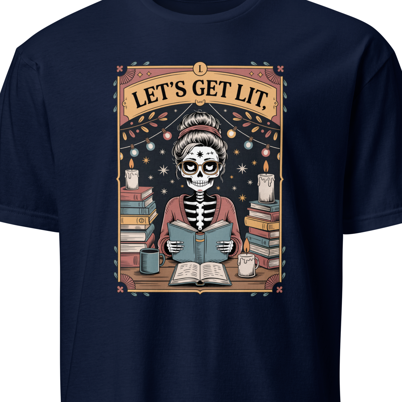 Navy blue t-shirt with a skeleton reading a book graphic and 'Let's Get Lit' text