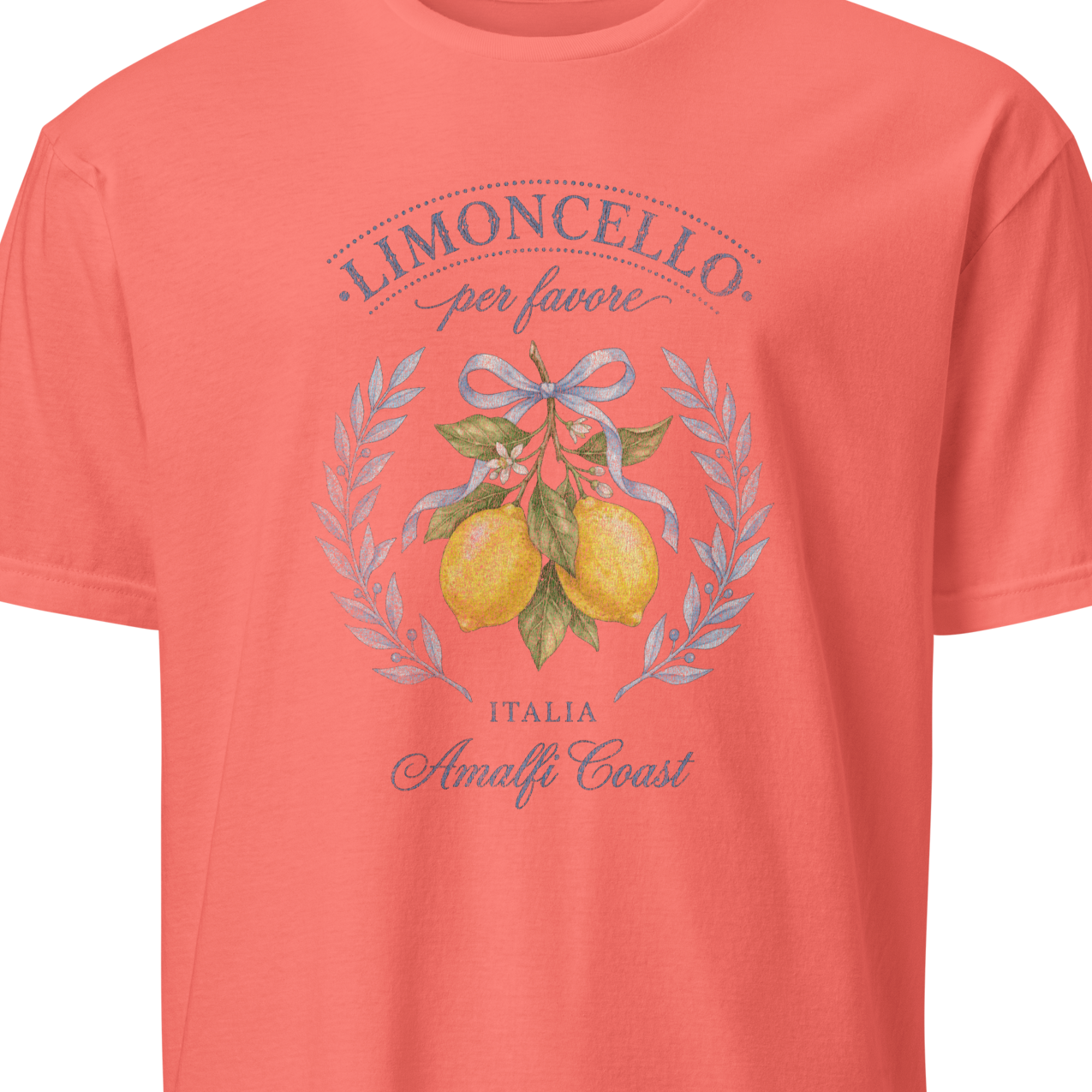 Coral t-shirt with limoncello graphic design