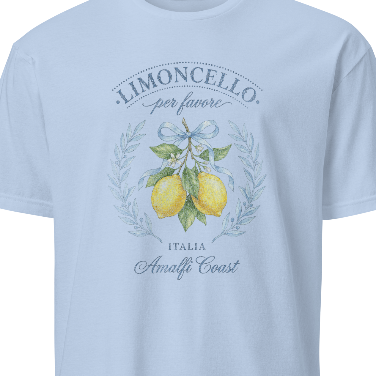 Light blue t-shirt with lemon graphic and text 