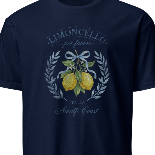 Navy blue t-shirt with lemon design and text 
