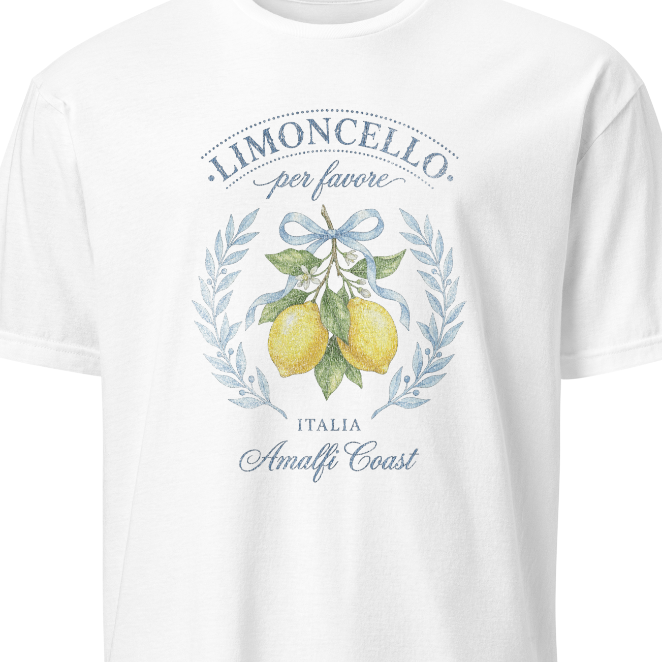 White t-shirt with lemon and laurel wreath design on a white background