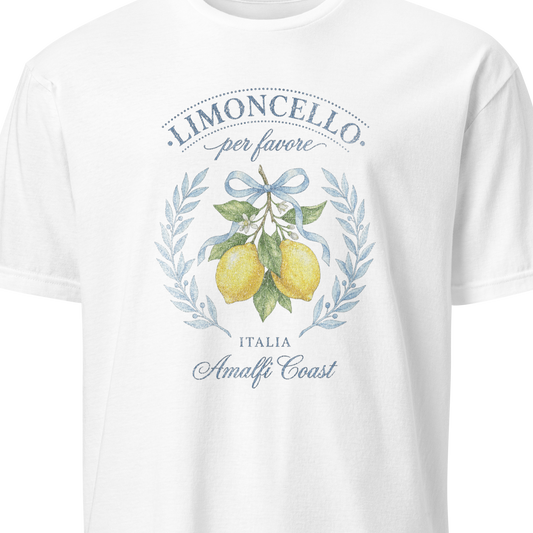 White t-shirt with lemon and laurel wreath design on a white background