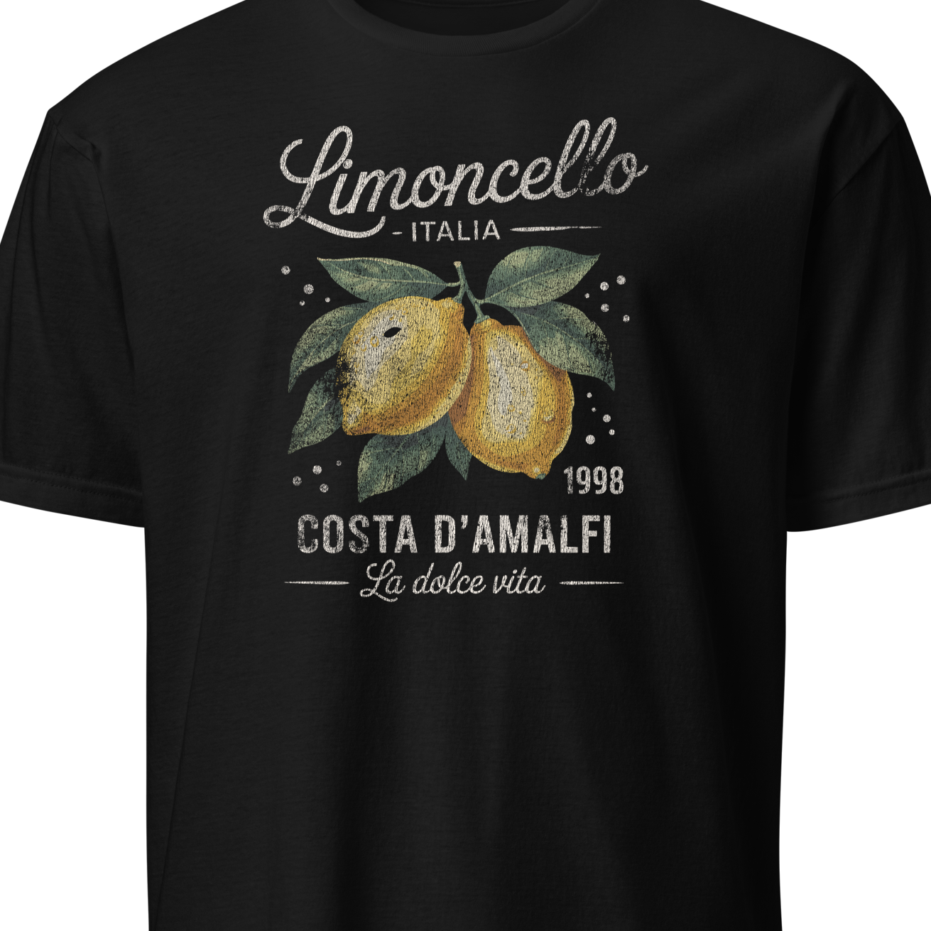 Black t-shirt with lemon design and text on a white background