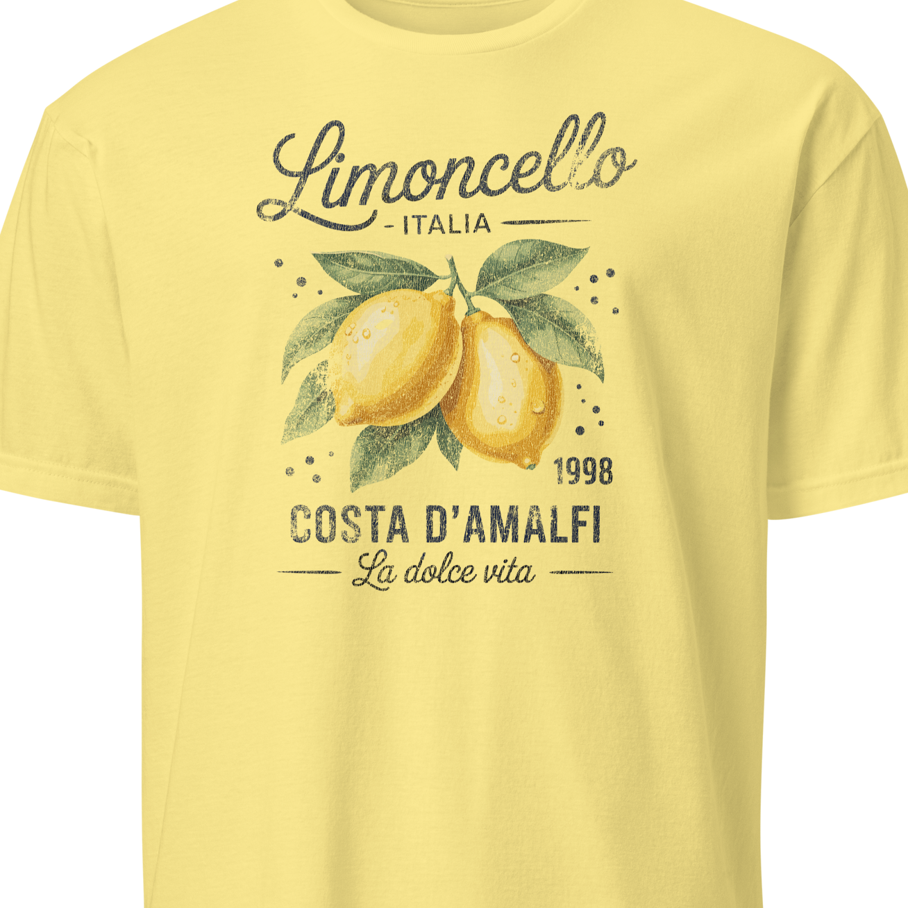 Yellow t-shirt with lemon design and text on a white background