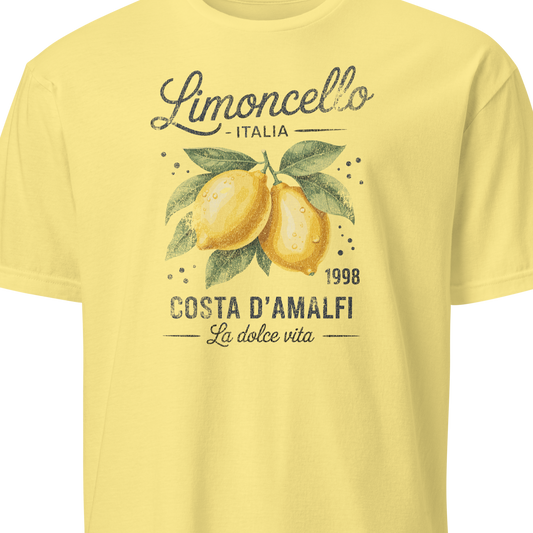 Yellow t-shirt with lemon design and text on a white background