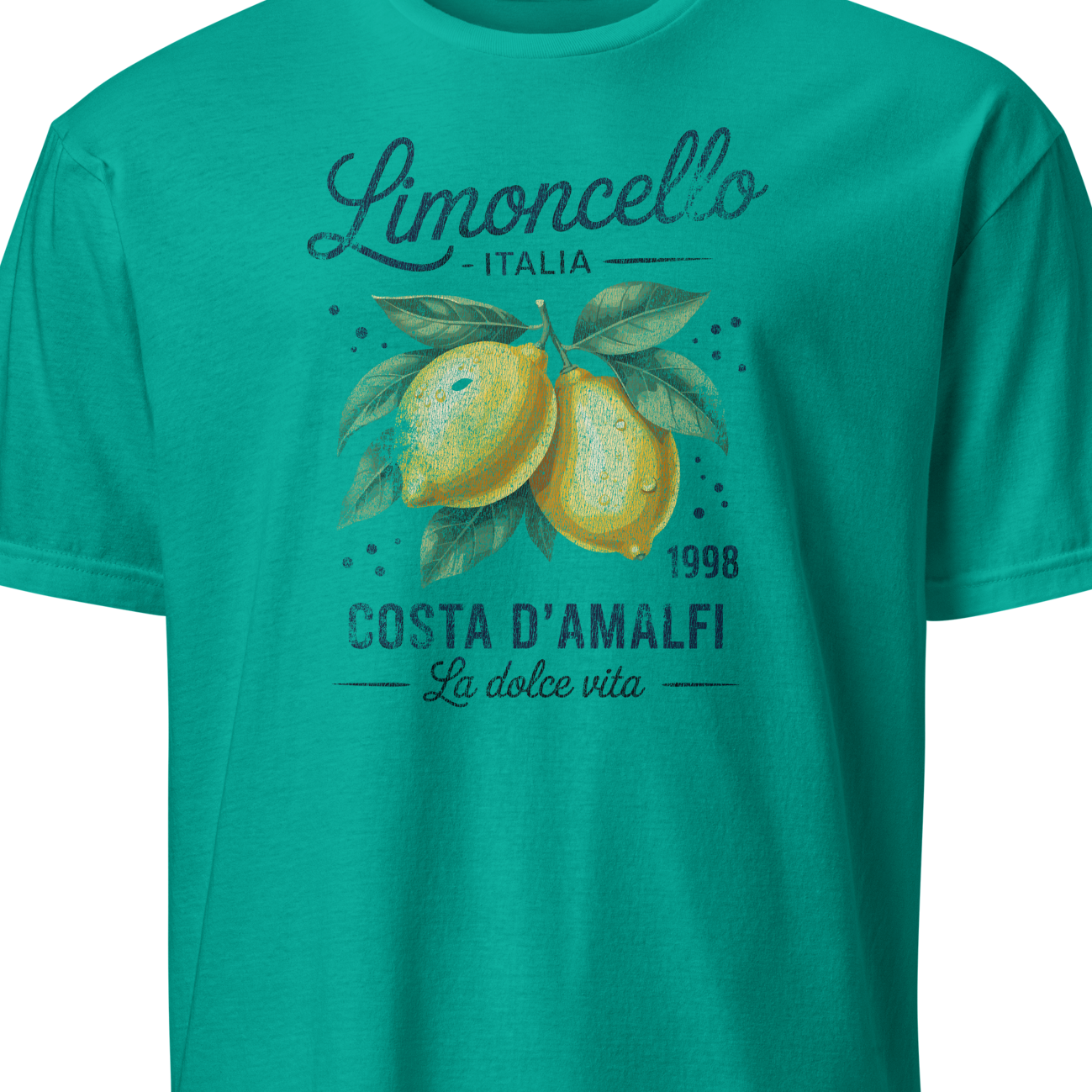 Teal t-shirt with lemon graphic and text on a white background