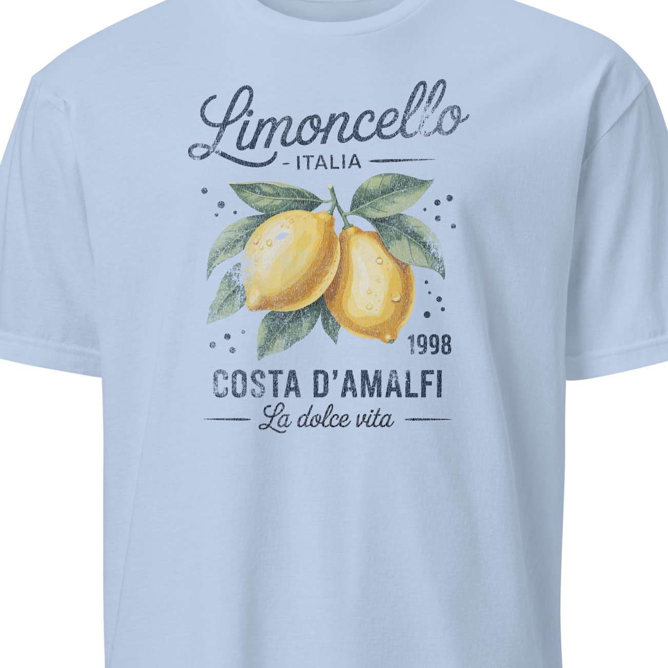 Light blue t-shirt with lemon graphic and text on a white background