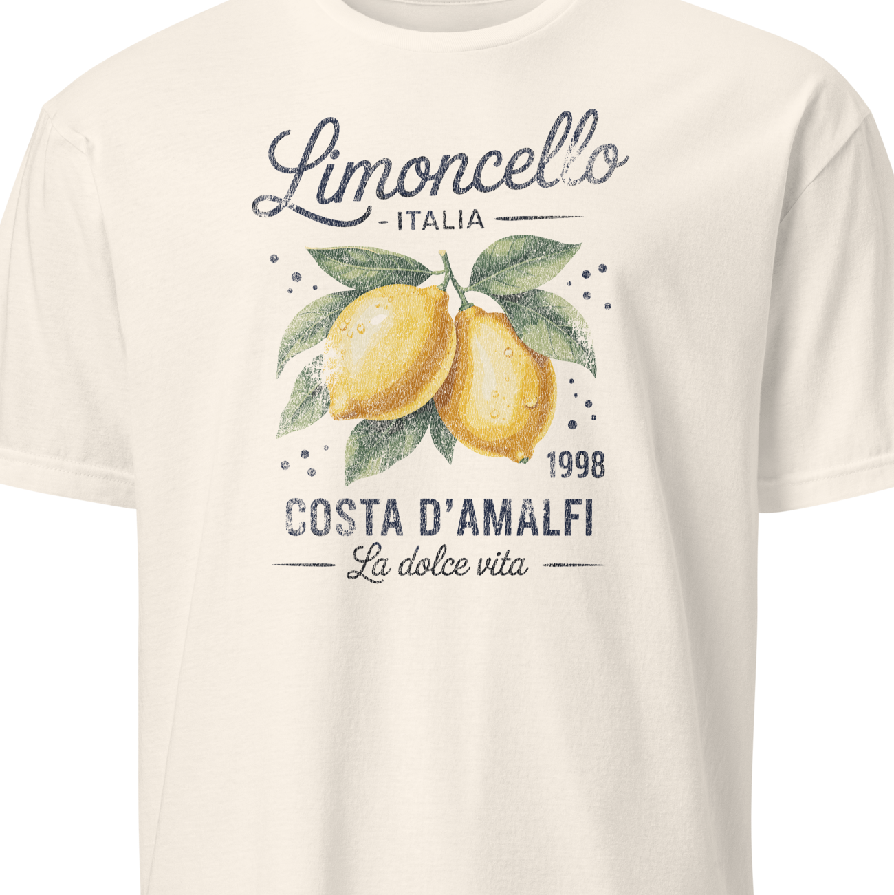 Beige t-shirt with lemon graphic and text on a white background
